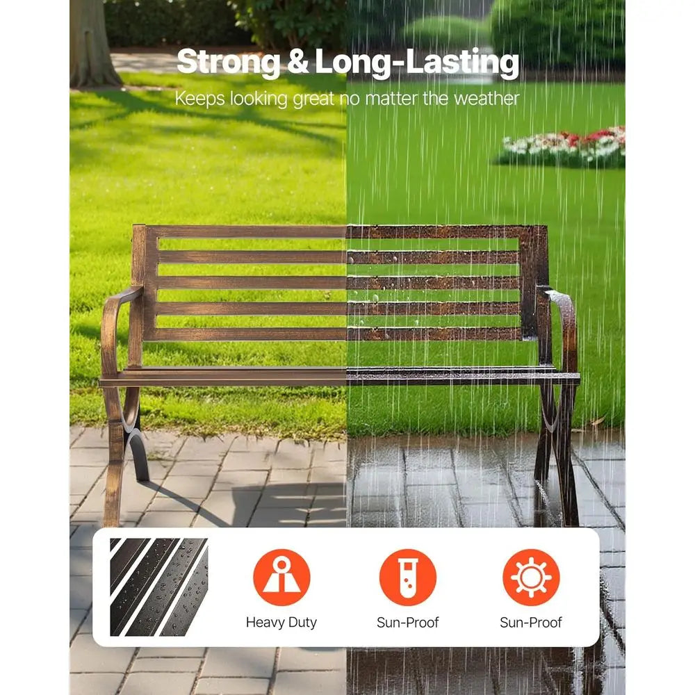 50 Carbon Steel Outdoor Bench with Slatted Backrest, Weatherproof for Patio, Garden, Antique Bronze