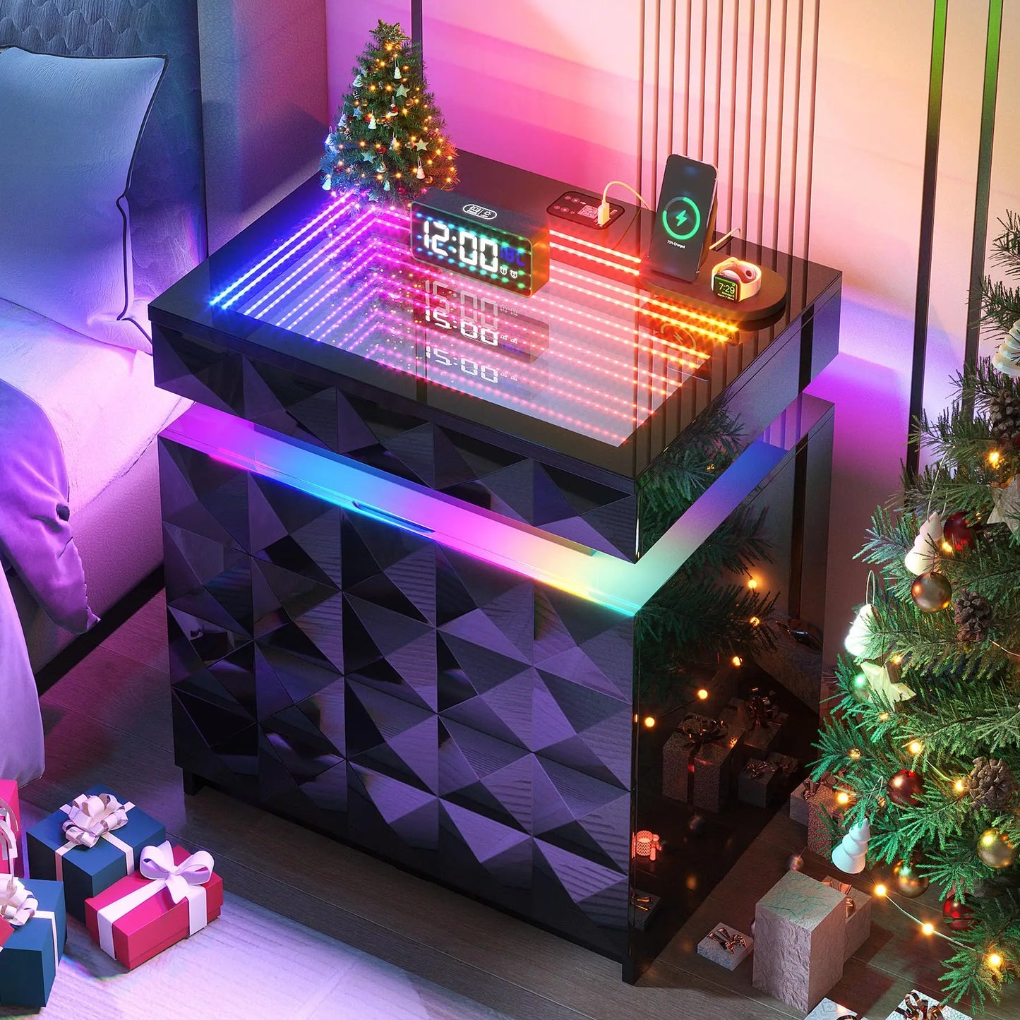 Dystler Night Stand with Charging Station and RGB Lights, LED Nightstand Tempered Glass and Sliding Top, 3 Drawers Bedside Table