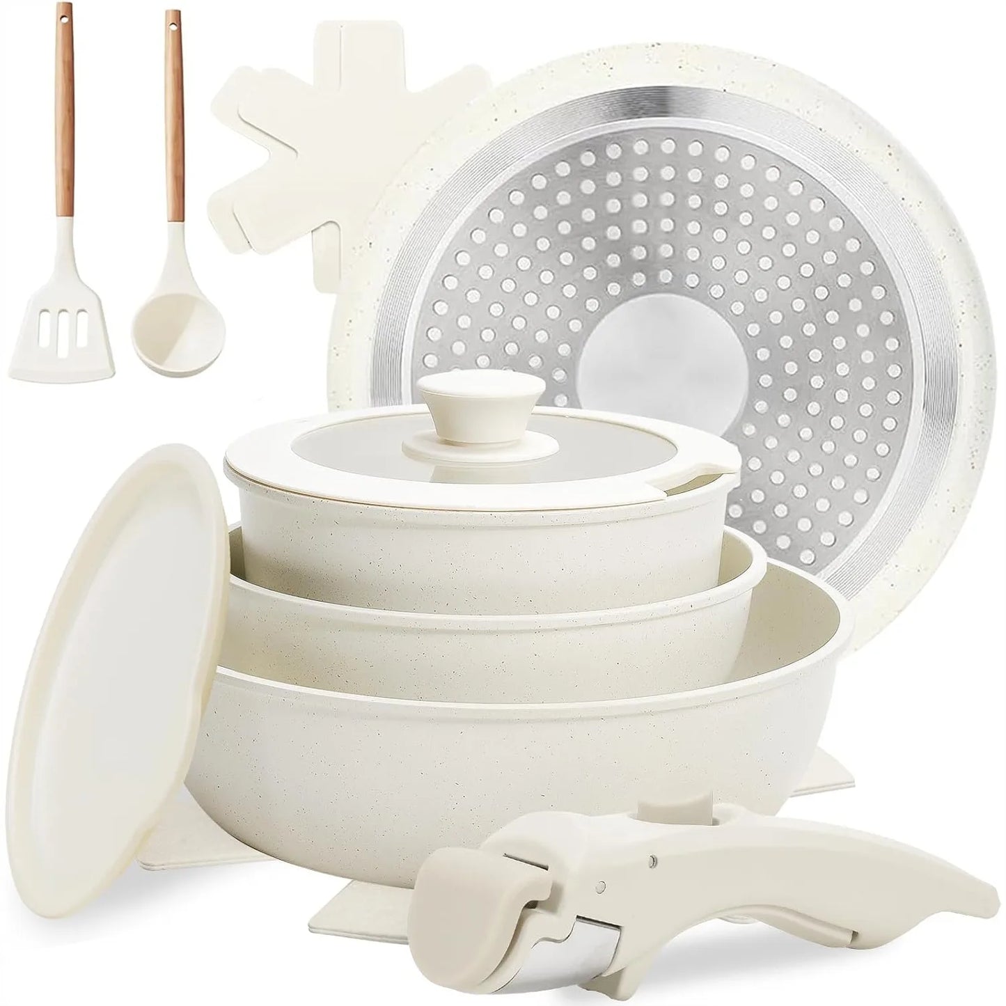 10 Piece Pots and Pans Set with Detachable Handle, Ceramic Cookware Set for Stackable Storage, Induction Compatible, Dishwasher