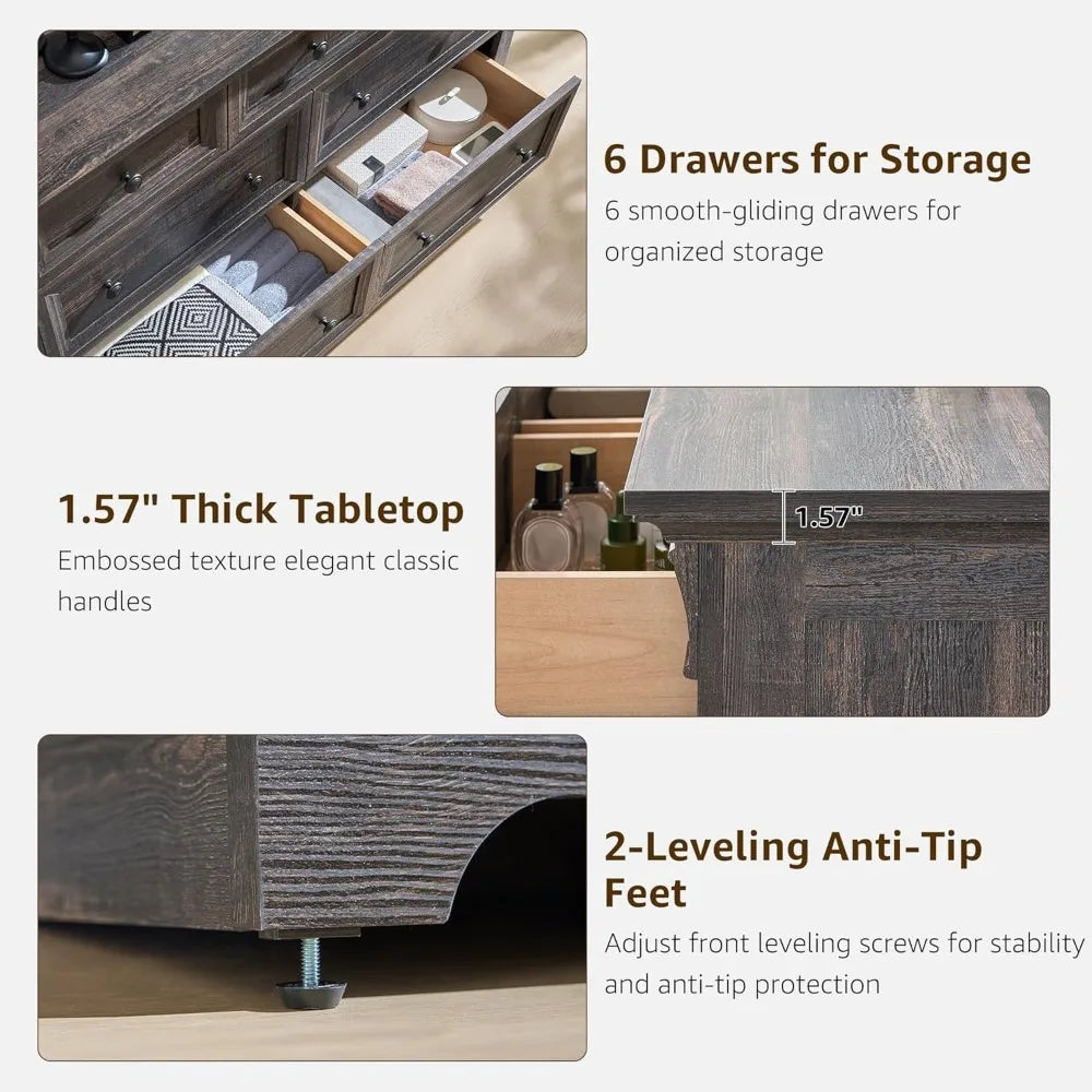 7 Drawer Rustic Wood Dresser 54" Wide Roman Column Storage Bedroom Living Room Closet Custom
