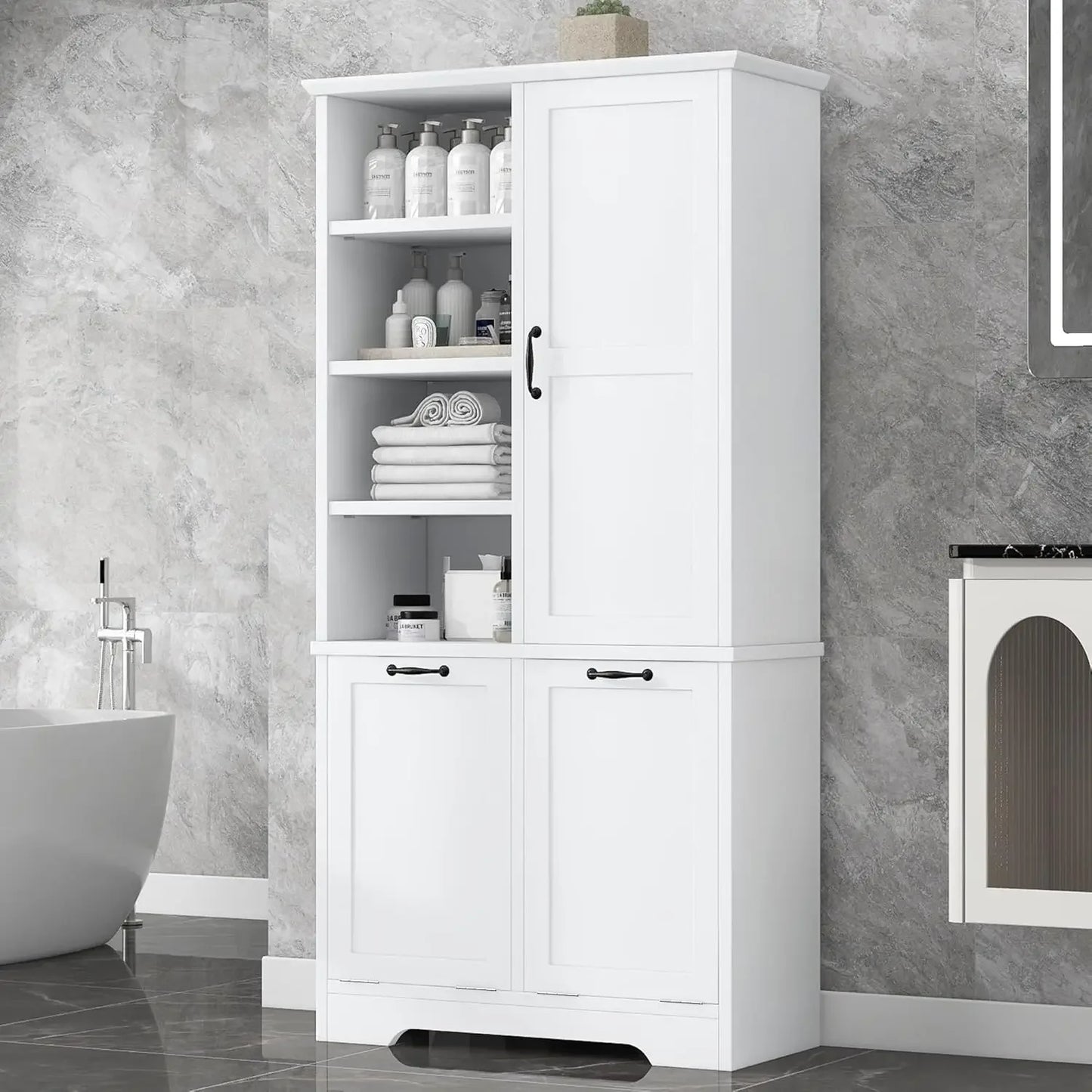 68” Tall Bathroom Storage Cabinet with 2 Tilt Out Laundry Hamper, Freestanding Bathroom Storage Cabinet with Door and Adjustable