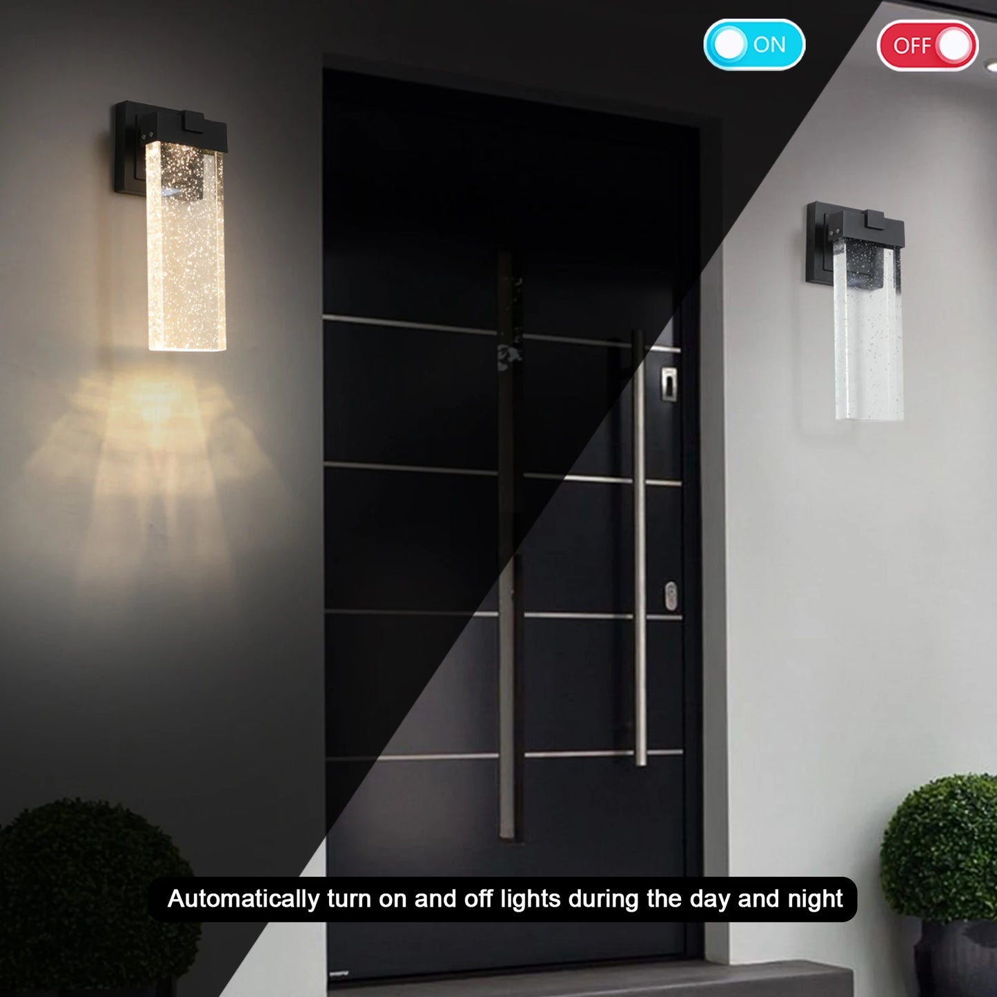 2 pack Modern outdoor wall light with light sensing, black LED wall light with bubble glass, waterproof external lighting