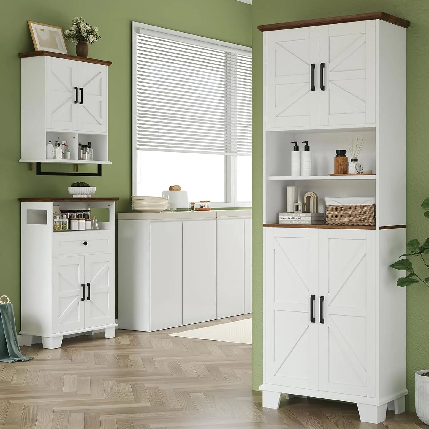 67.9 Tall Storage Cabinet 7 Adjustable Shelves Barn Door Pantry Cupboard Kitchen Bathroom Living Dining Room, Customized