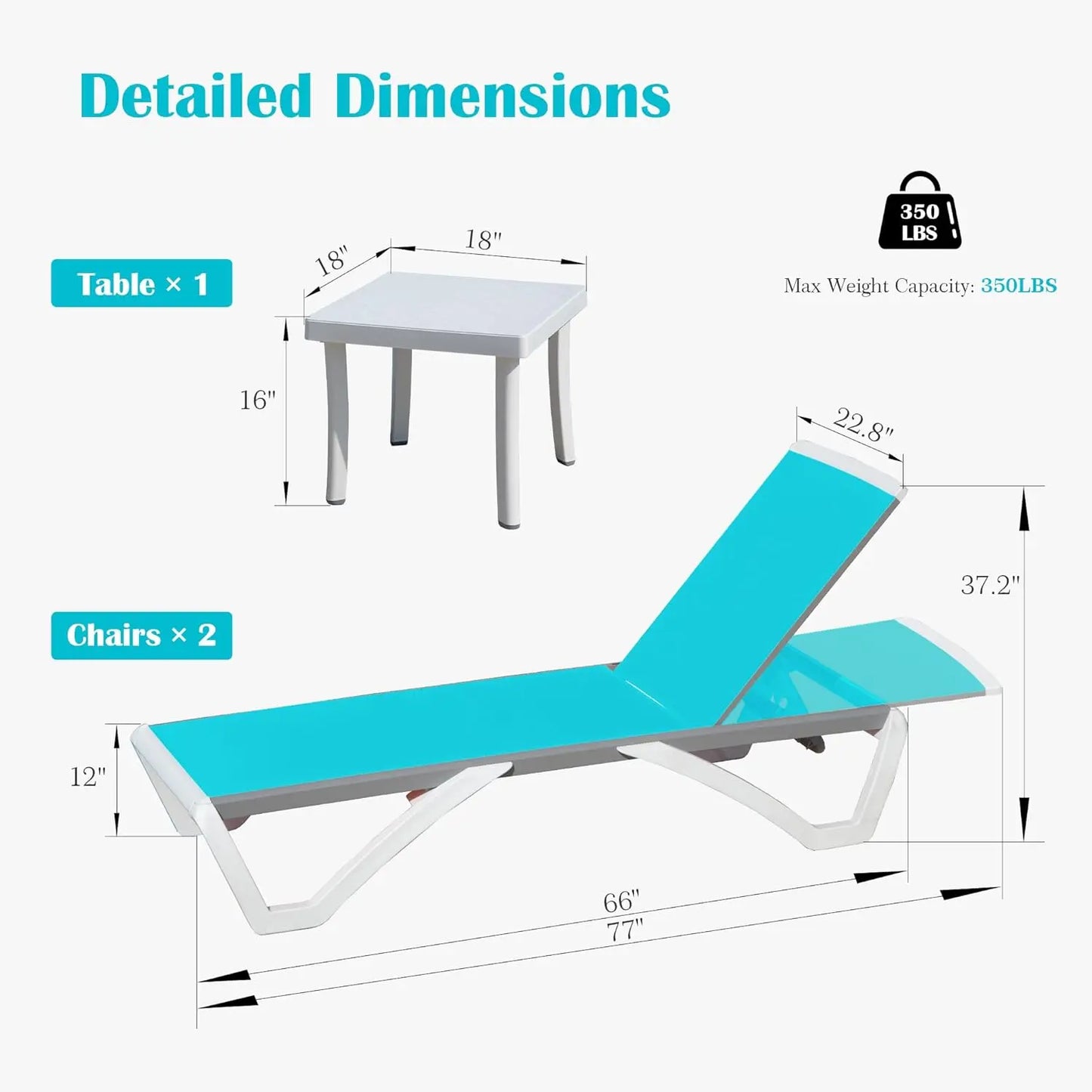 5-Position Aluminum Outdoor Lounge Chair Set of 3 with Wheels All-Weather for Patio Yard Poolside, Custom