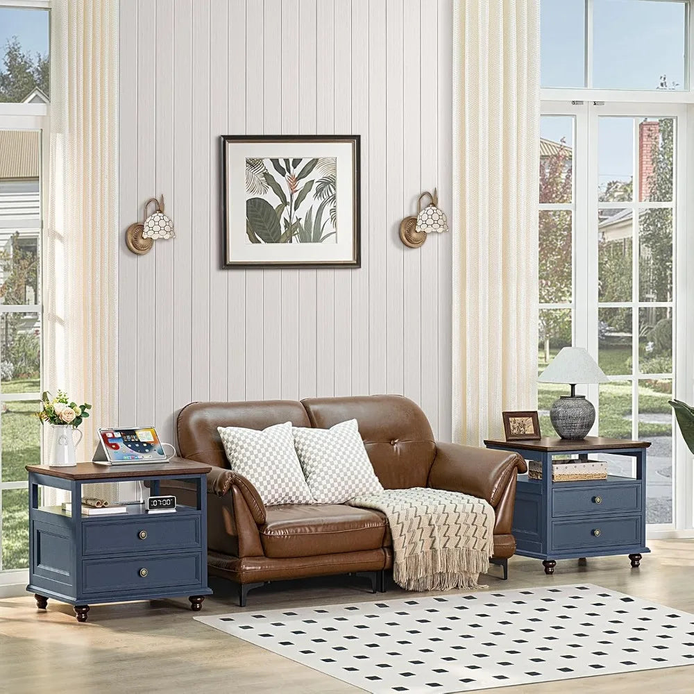 24" Wide Farmhouse Wood Nightstand Charging Station 2 Drawers Bedroom End Table, Custom