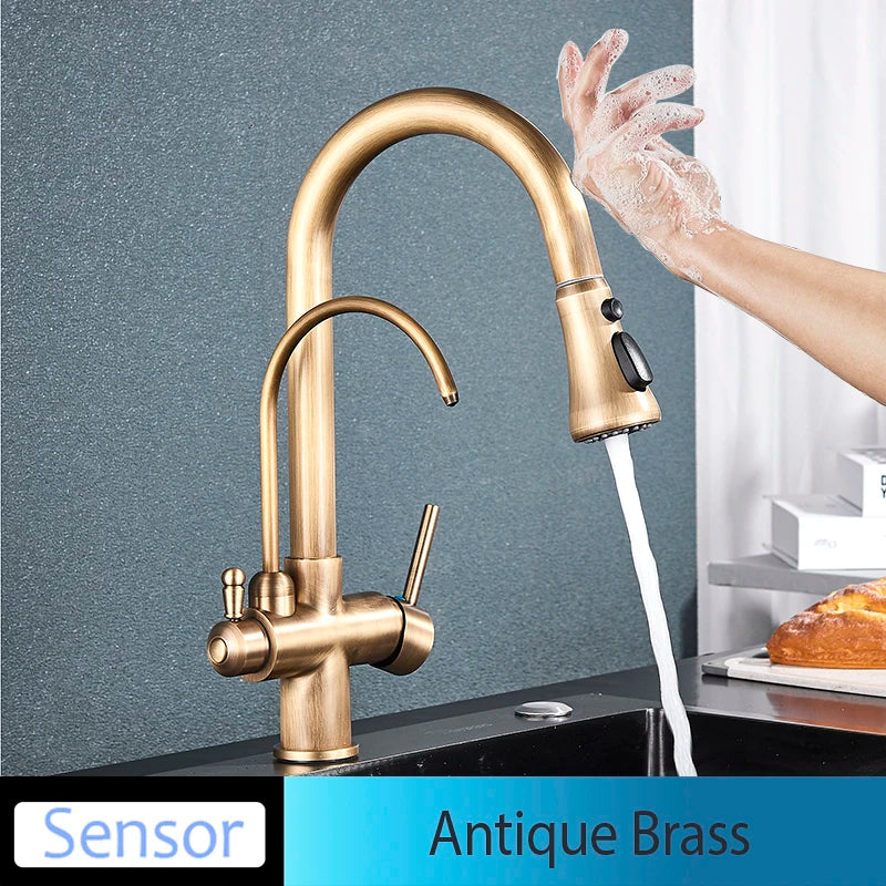 Onyzpily Black Touch/NO Sensor Kitchen Faucet Pull Out Sink Faucets Hot Cold Mixer Pure Water Tap Deck Mounted Taps Dual Handle