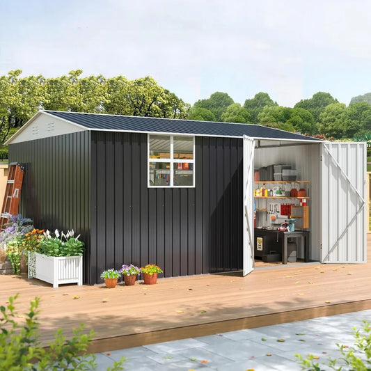 10X12 FT Metal Outdoor Storage Shed with Window, Heavy-Duty Galvanized Steel Garden Shed with Lockable Doors and 4, Customized