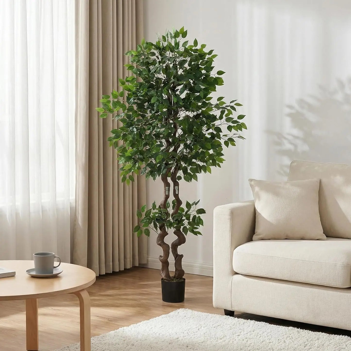 4ft/5ft/6ft Artificial Ficus Tree, Tall Faux Floor Plant with Lifelike PVC Trunk and Full Dense Foliage, Faux Banyan Tree for Home Office, Living Room and Indoor Decor