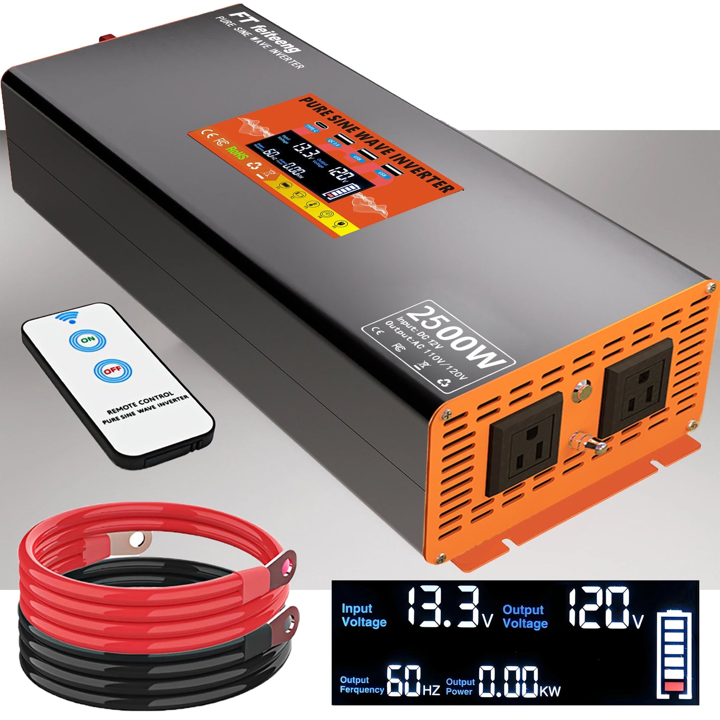 6000W Peak Pure Sine Wave Power Inverter 12V to 110V with US Plug Cables OVP for Car RV Solar CPAP Tools US Stock