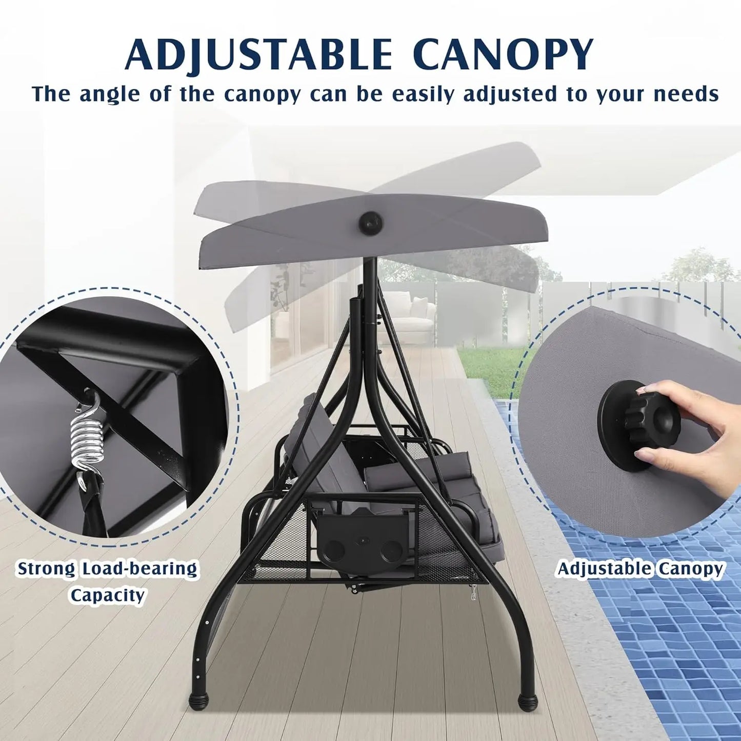 Outdoor Porch Swing with Canopy and Stand, 3 Person Patio Swing for Adults, Convertible 2 in 1 Porch Bed Swing , Customized