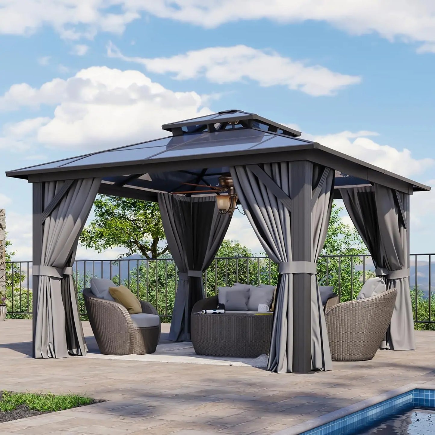 12'x12' Hardtop Gazebo, Permanent Aluminum-Framed Pavilion with Curtains & Mesh Screens, Featuring a Double-Layered