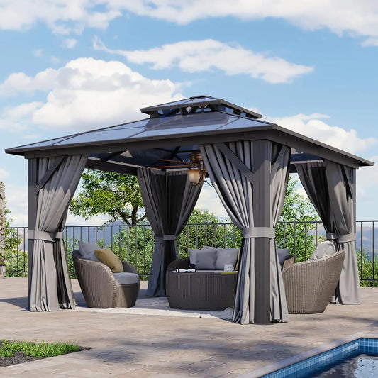 12'x12' Hardtop Gazebo, Permanent Aluminum-Framed Pavilion with Curtains & Mesh Screens, Featuring a Double-Layered