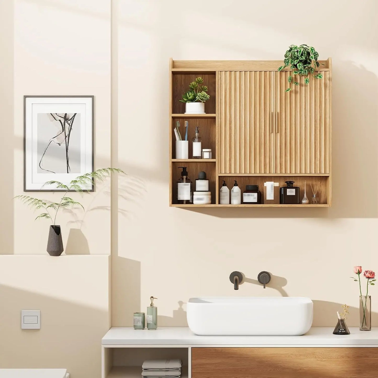 Fluted Bathroom Wall Cabinet, Wooden Medicine Cabinet Organizer with 2 Doors and Adjustable Shelf, Over The Toilet, Customized