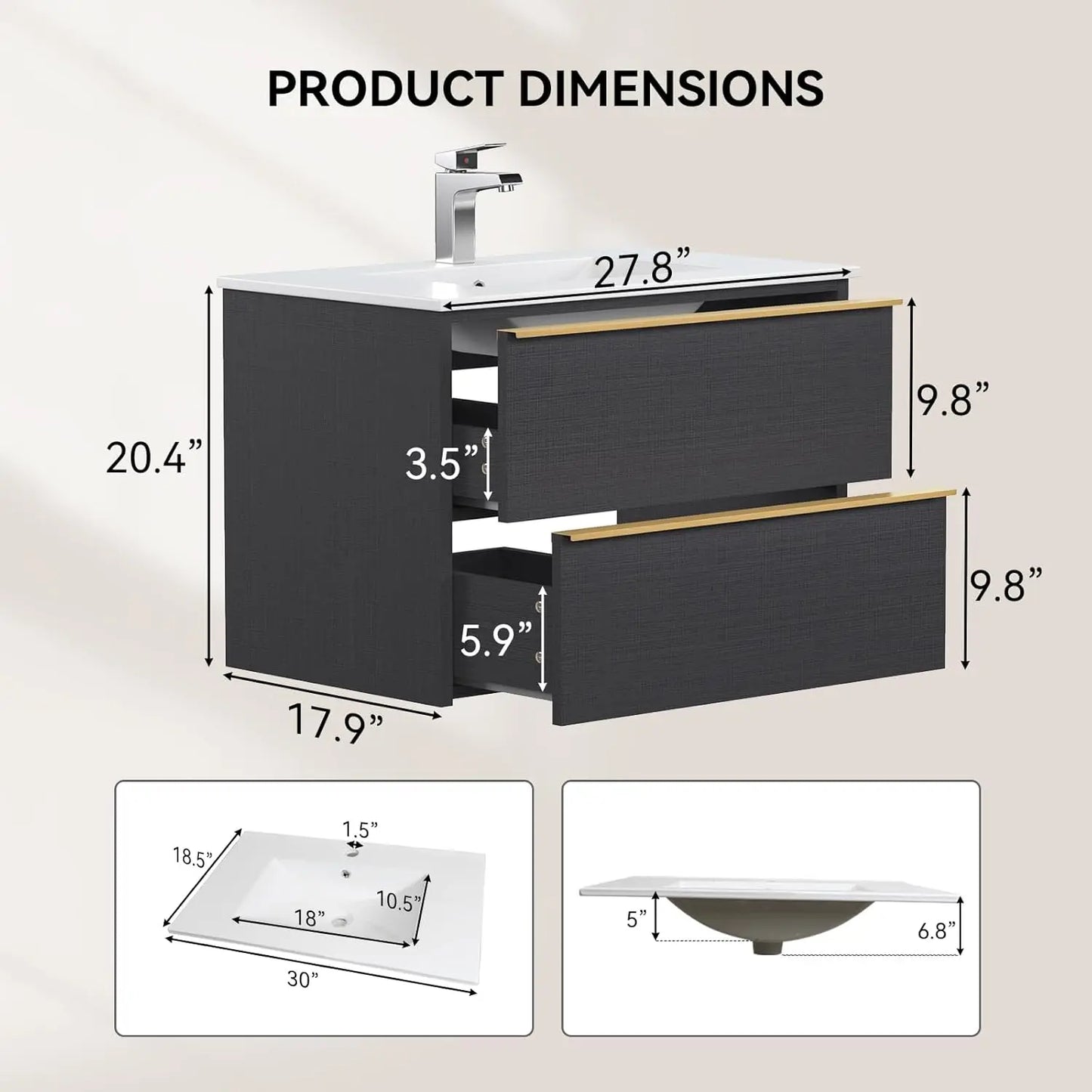 30 Inch Bathroom Vanity with Sink, Floating Vanity Bathroom, Modern Wall Mount Bathroom Cabinet, Double Drawers,, Customized