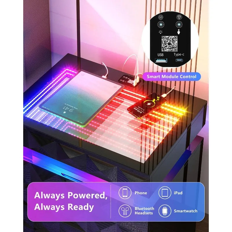 Dystler Night Stand with Charging Station and RGB Lights, LED Nightstand Tempered Glass and Sliding Top, 3 Drawers Bedside Table