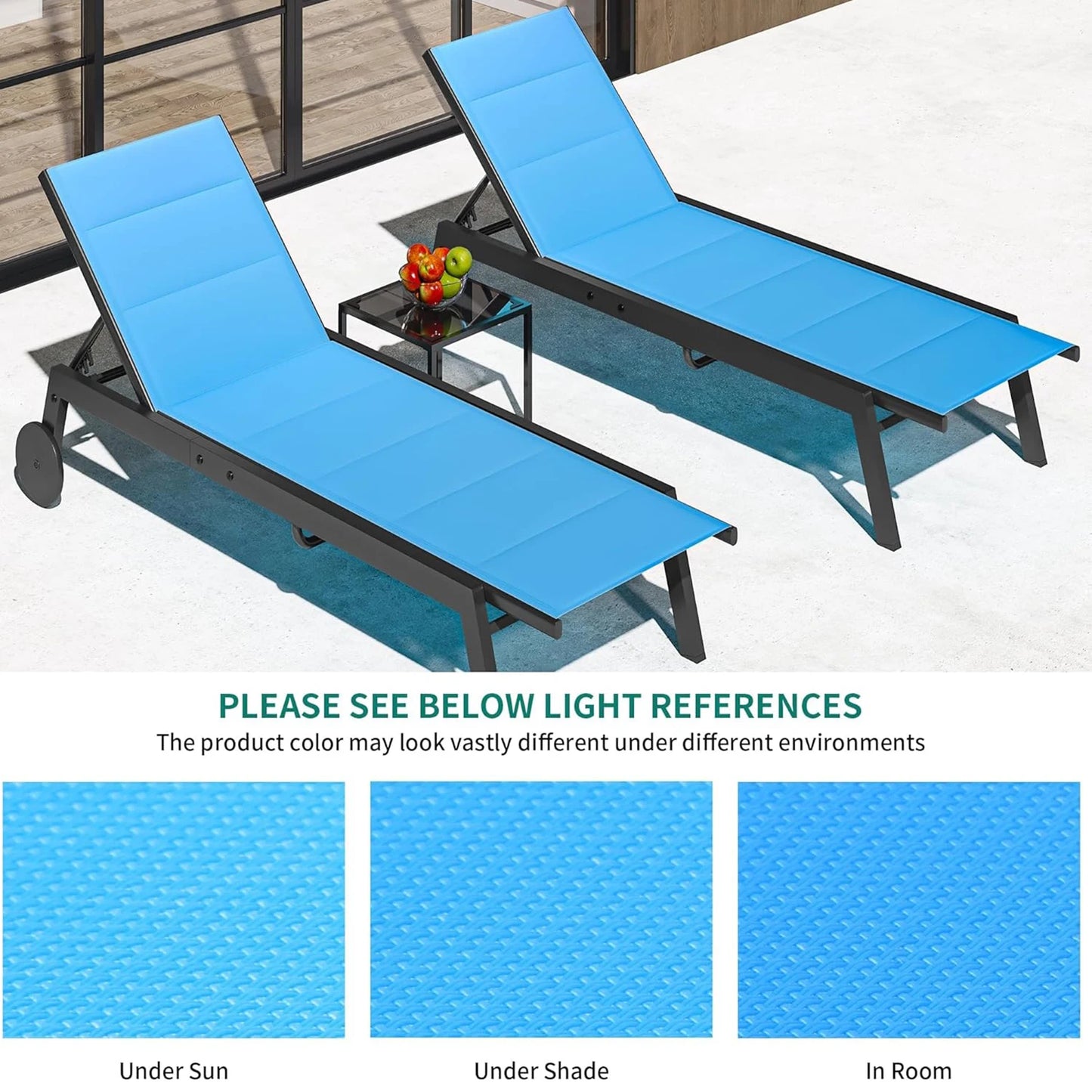 3 Pieces Patio Chaise Chairs Set, Pool Loungers with Side Table, outdoor Chaise Lounges Chair with Wheels, Adjustable Position