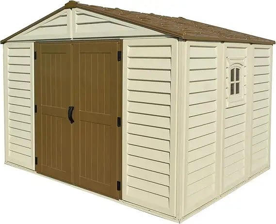 Duramax Woodbridge Plus 10.5 x 8 (8.02 m2) Plastic Garden Shed with 1 Fixed Window & Metal Foundation Kit, Strong Metal Roof Str