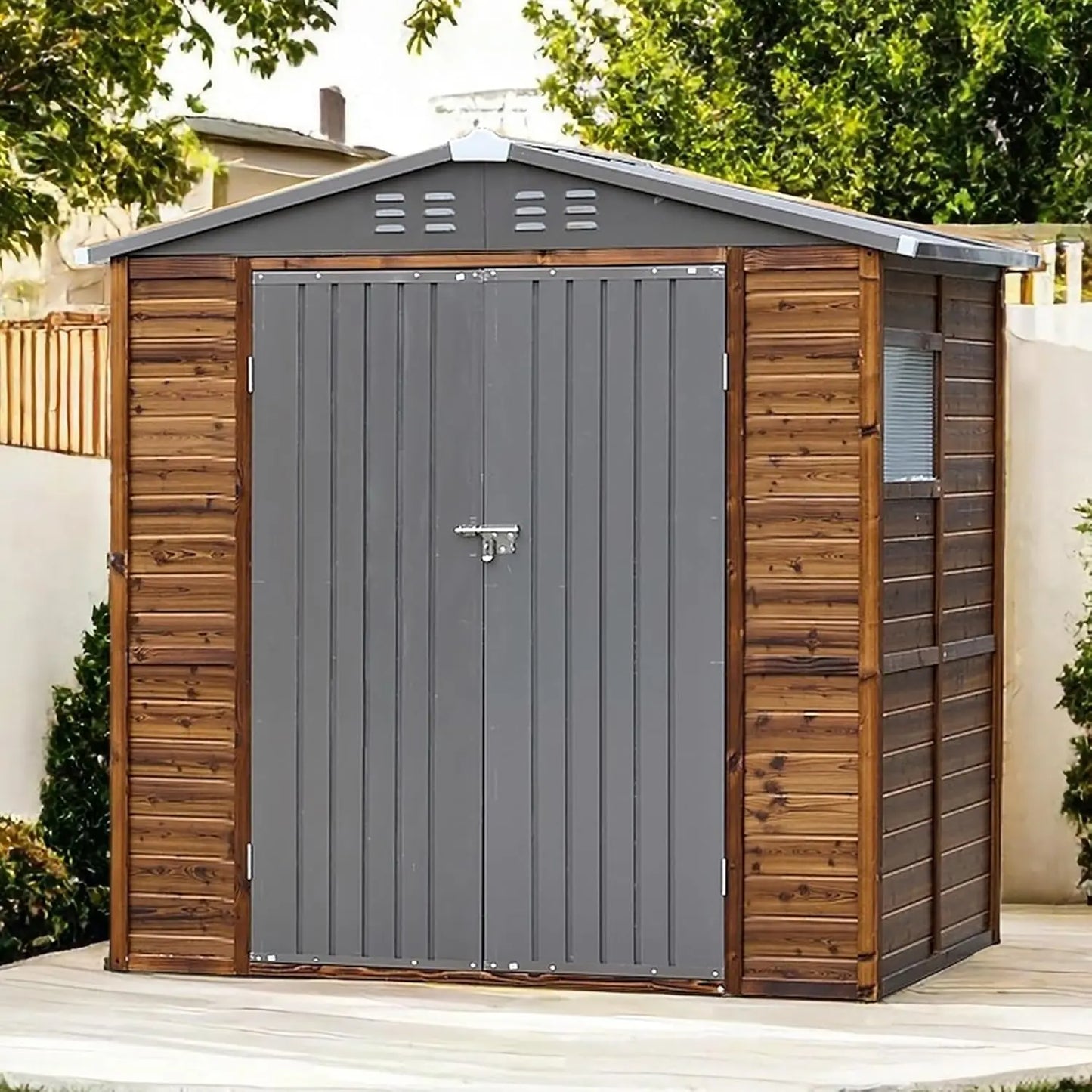 6x4 FT Outdoor Storage Shed with Windows Waterproof Wood & Metal Tool House for Patio Garden Backyard 4 Vents No Floor Custom