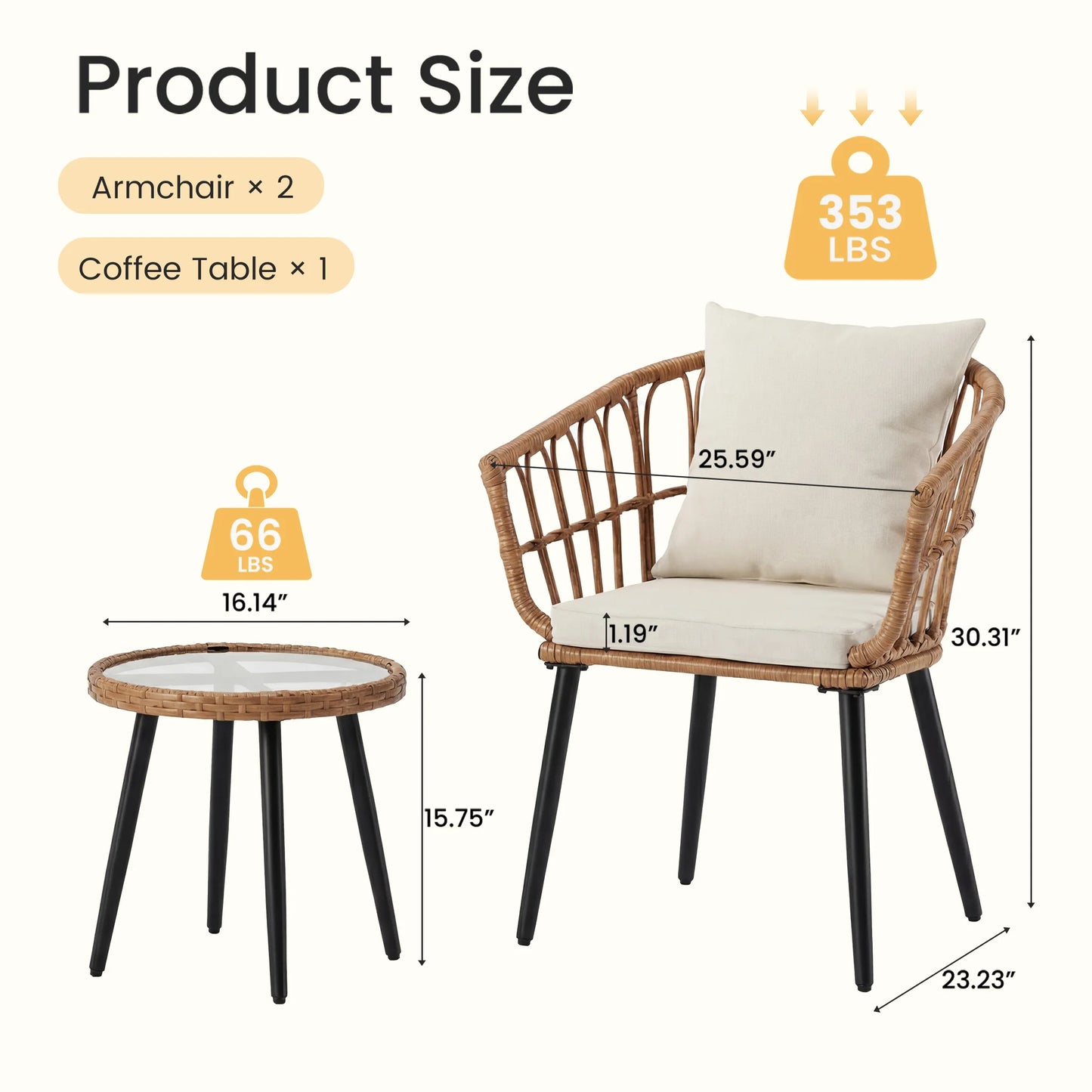 JHK 3 Pieces Wicker Patio Outdoor Set with Soft Cushion and Glass Steel Frame Table Manual Weaving Patio Chairs For Garden Lawn