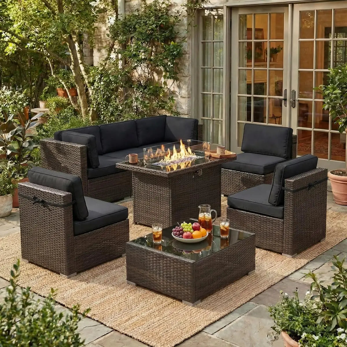 8 Piece Patio Furniture Set with Fire Pit Table, Outdoor Conversation Sets Wicker Rattan Sectional Sofa with Coffee, Custom