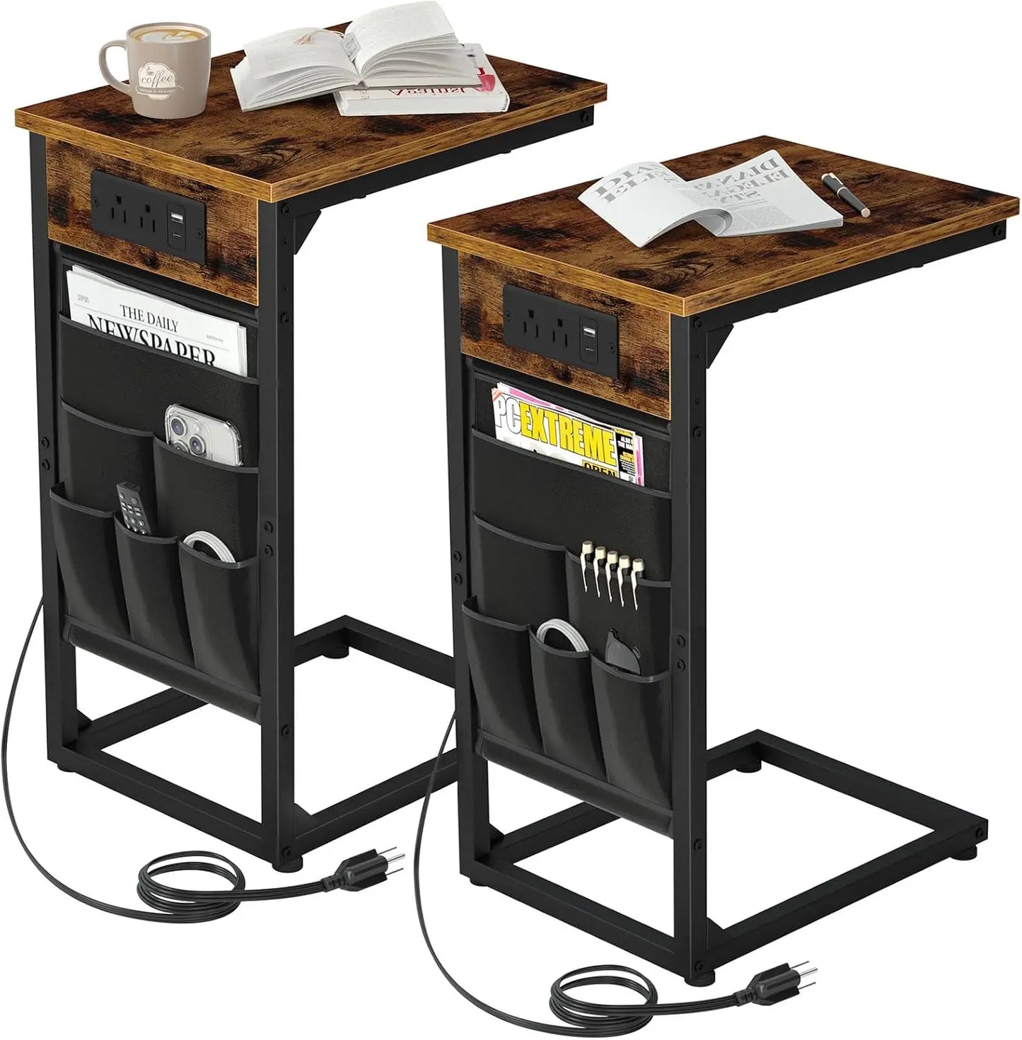 C Shaped End Table With Charging Station, TV Tray Set Of 2, Couch Tables With Storage Bag, Slide Under Sofa Side