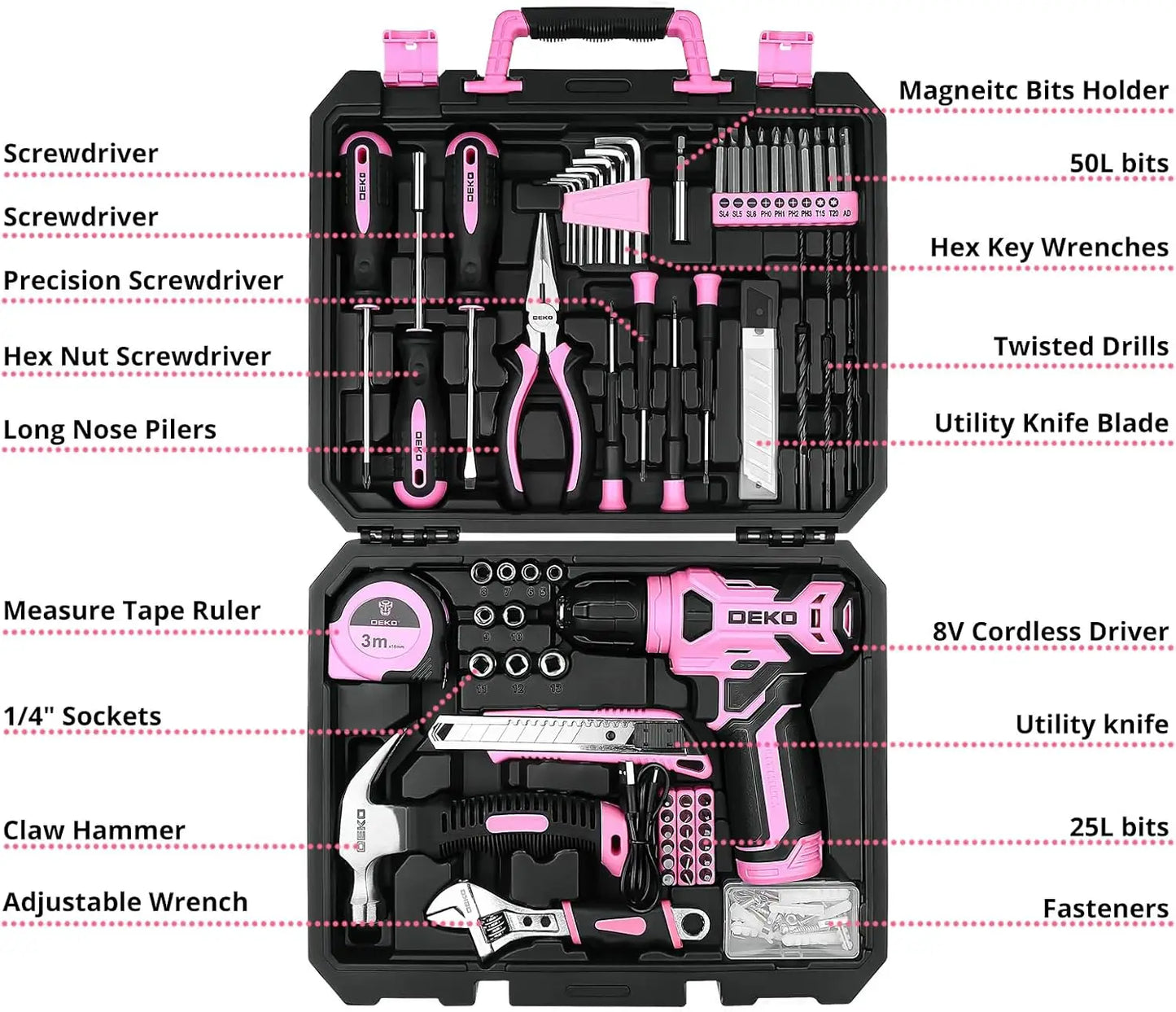 8V Pink Cordless Drill Set, 126-Piece Home Tool Kit for Women, with LED Light and Rechargeable Battery