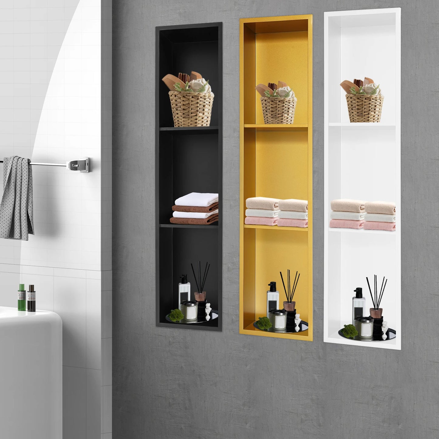 94.2*10*23.1cmWhite/Gold/Black 3 Tiers Niche,304 Stainless Steel Rectangular Shower Niche Wall-mounted for Bathrooms