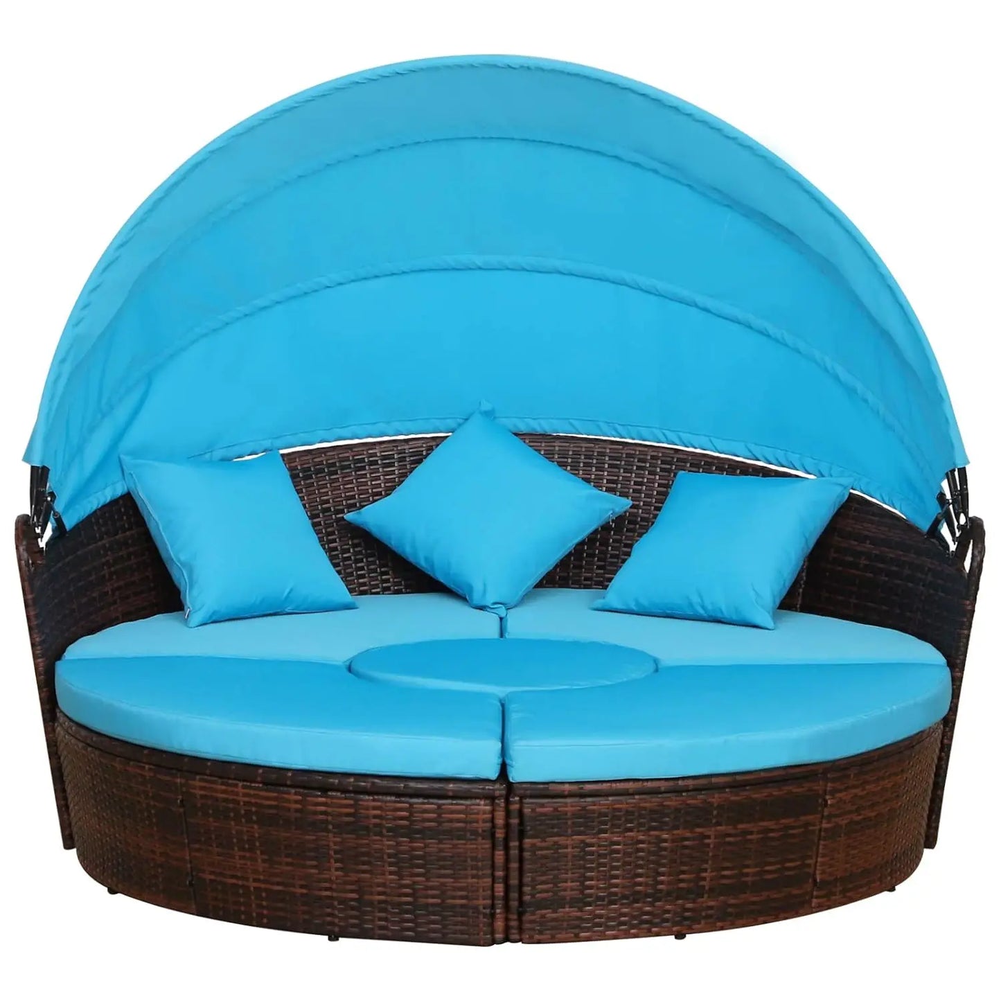 4pc Round Convertible Daybed Cushions PE Rattan Patio Sofa Adjustable Canopy Sectional 2 Chairs Table 3 Pillows, Customized