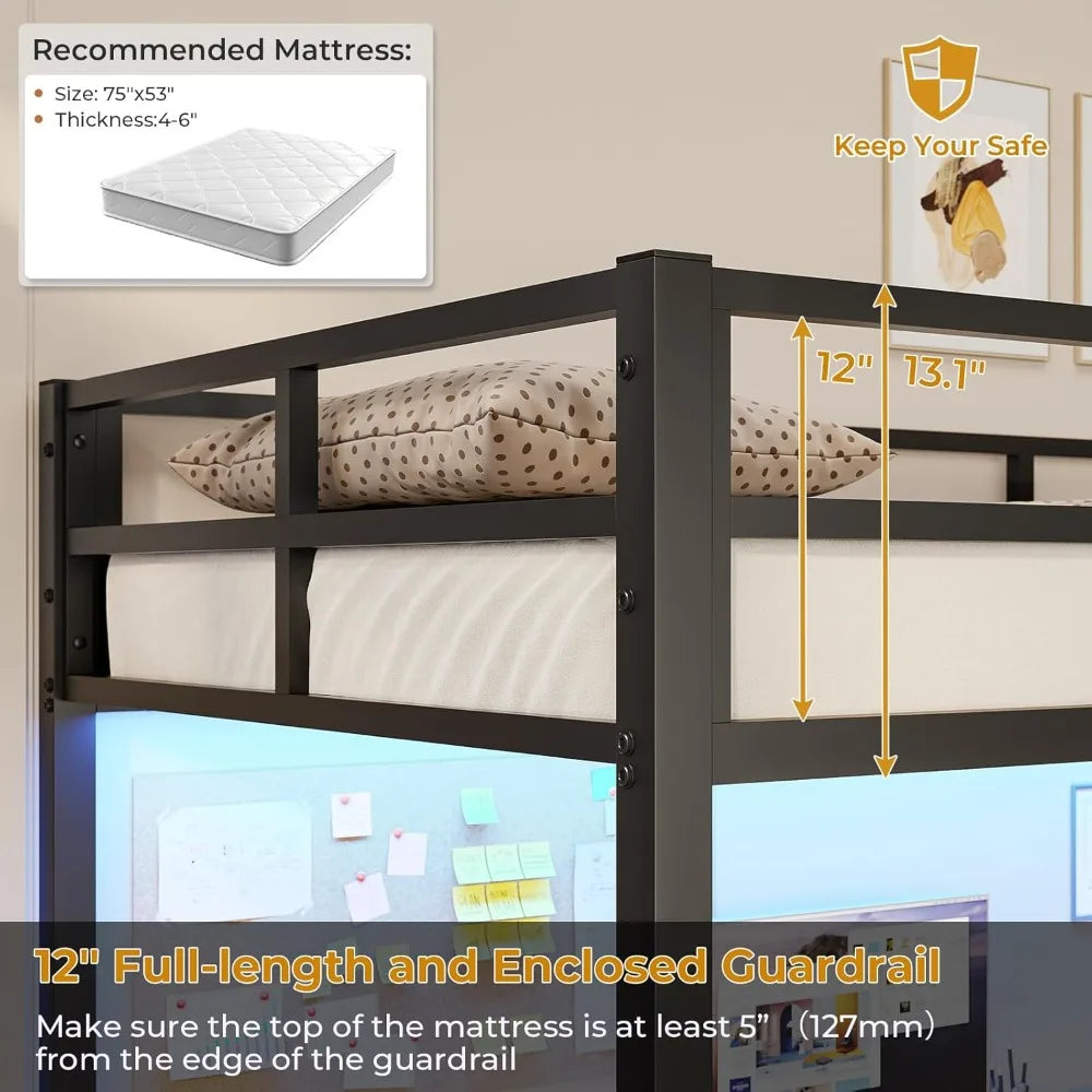 Full Size Loft Bed with Desk, LED Lights & Charging Station - Space Saving Black Metal Frame for Teens/Adults