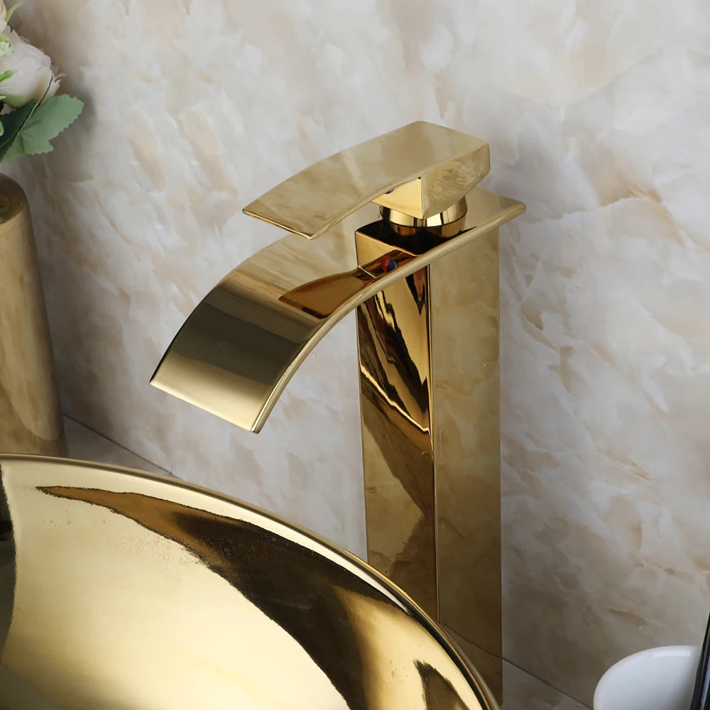 KEMAIDI Bathroom Vessel Sink Luxury Shiny Gold Ceramic Vanity Bowl Round Above Counter Basin for Bar and Cloakroom w/ Faucet Tap