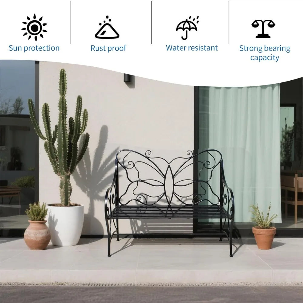Outdoor Bench Weatherproof, Metal Antique Garden Bench Indoor/Outdoor, Double Seat with Decorative Butterfly Cast Iron Backrest