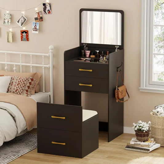 3-in-1 Vanity Desk with Lip Mirror, Makeup Desk with Drawers and Stool, Compact Desk for Bedroom, Multi-Function Dresser for Wom
