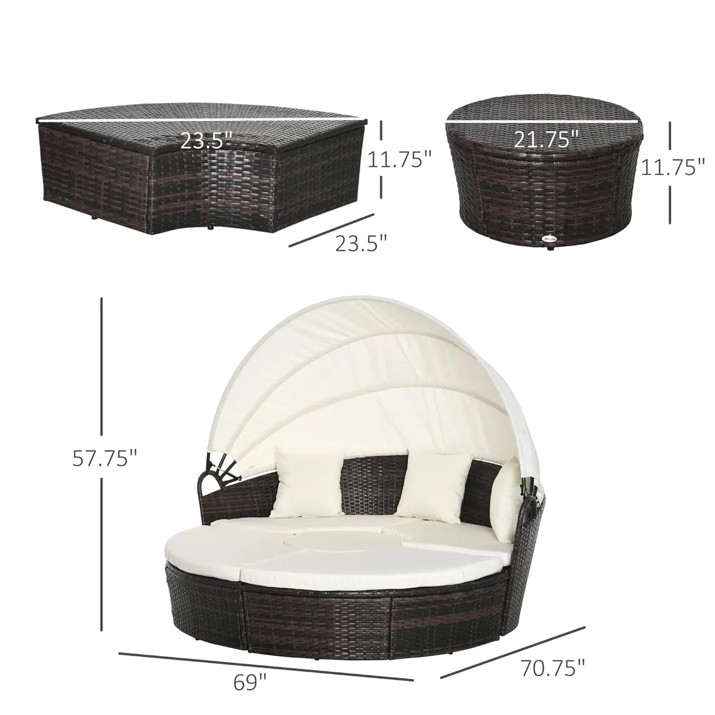 4pc Round Convertible Daybed Cushions PE Rattan Patio Sofa Adjustable Canopy Sectional 2 Chairs Table 3 Pillows, Customized
