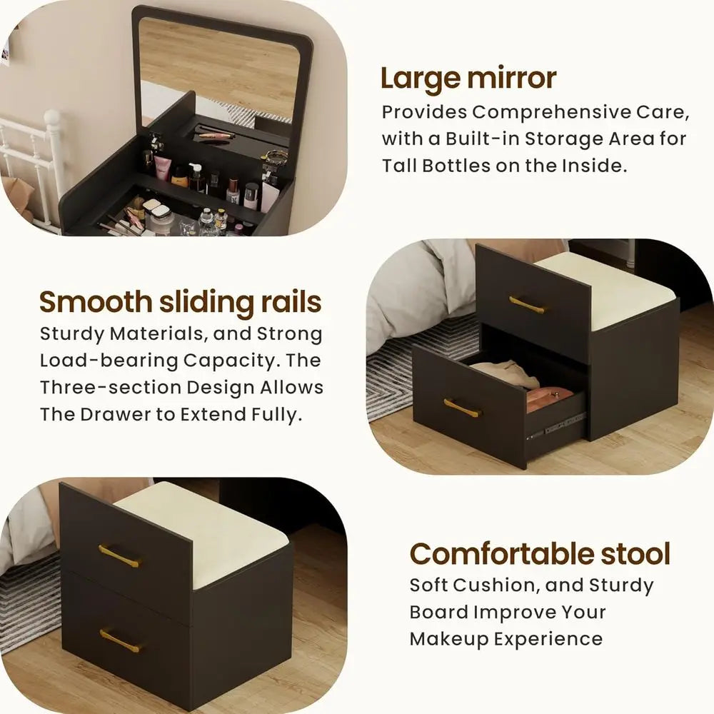 3-in-1 Vanity Desk with Lip Mirror, Makeup Desk with Drawers and Stool, Compact Desk for Bedroom, Multi-Function Dresser for Wom