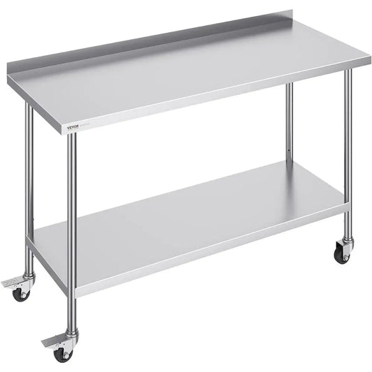 Heavy-Duty Stainless Steel Work Table with Casters, Adjustable Height for Commercial Food Prep and Home Use