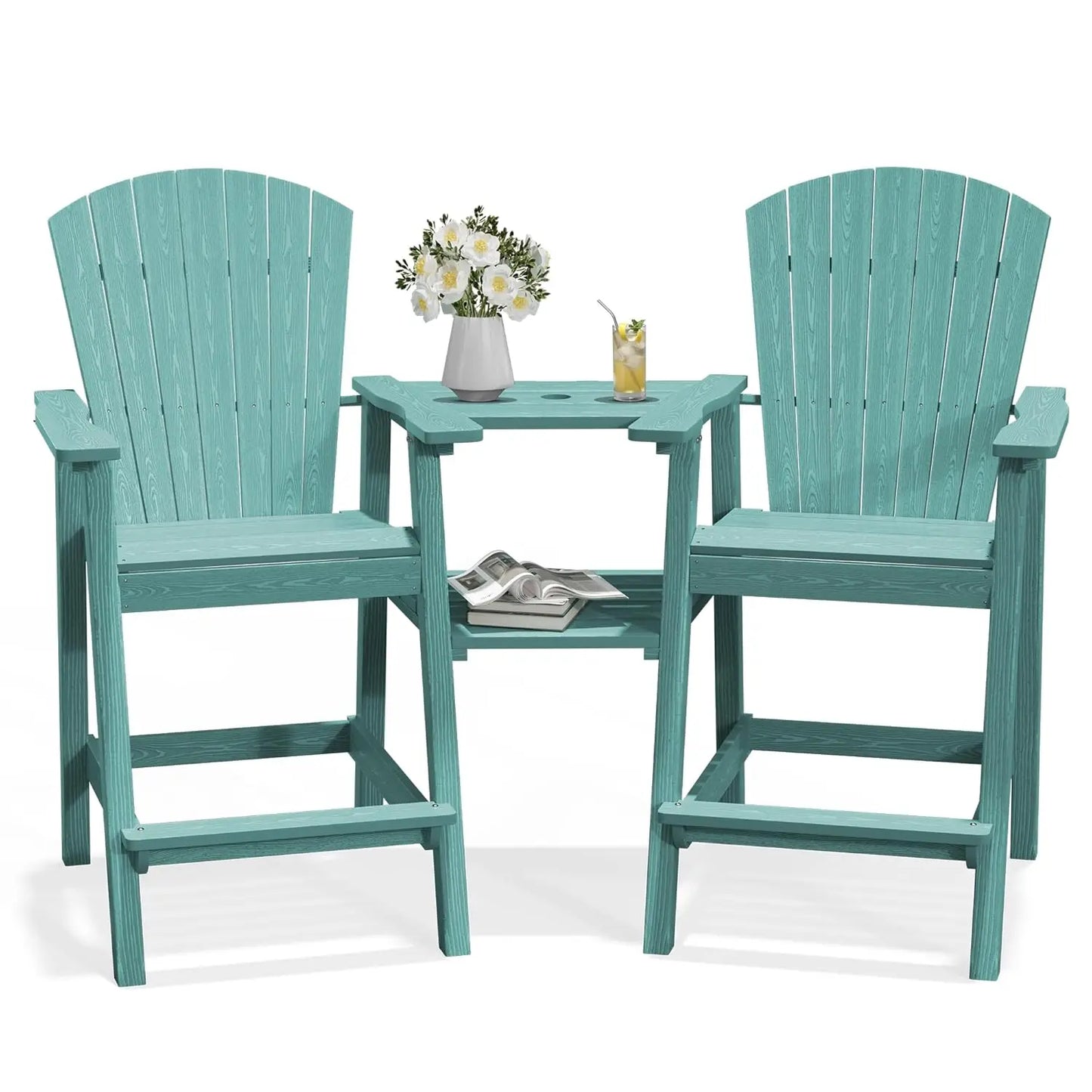 Tall Adirondack Chair Set HDPE All Weather Bar Height Double Connecting Tray Umbrella Hole Balcony Patio Backyard Navy, Custom