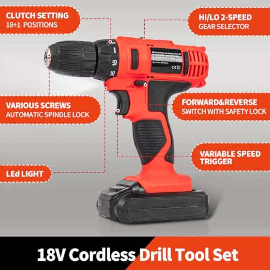 346Pcs Tool Sets 18V Electric Power Drill Set for Men Household Home DIY Hand Tool Kits 18+1 Clutch Cordless Power Drill Set fo
