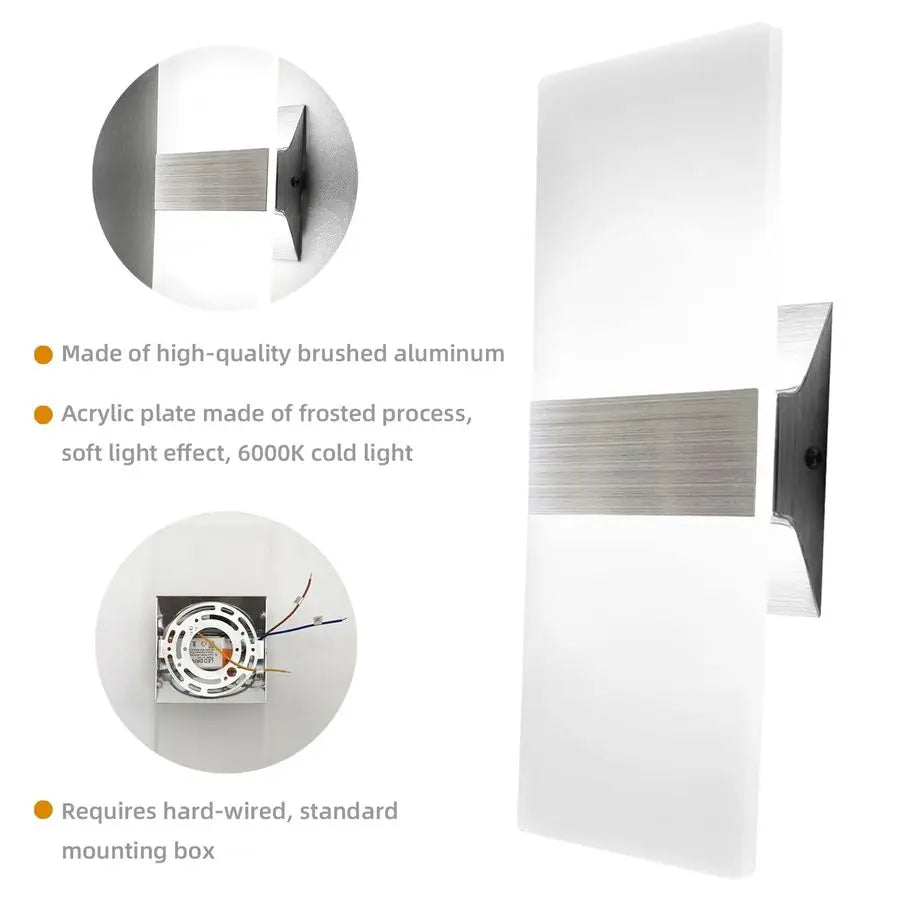 Modern Wall Sconces Set of Two, Led Wall Light 10w, 6000k White Light Up Downlight, Hardwired Acrylic Wall Light Lighting, Suita