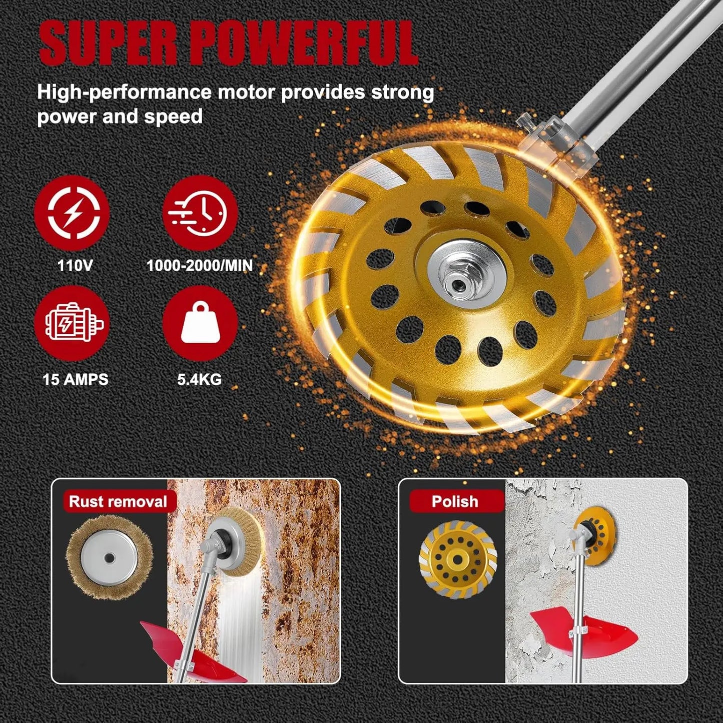 Multifunctional Concrete Grinder with 6 Speeds, Diamond Disc & Wire Brush for Floor Polishing and Metal Derusting
