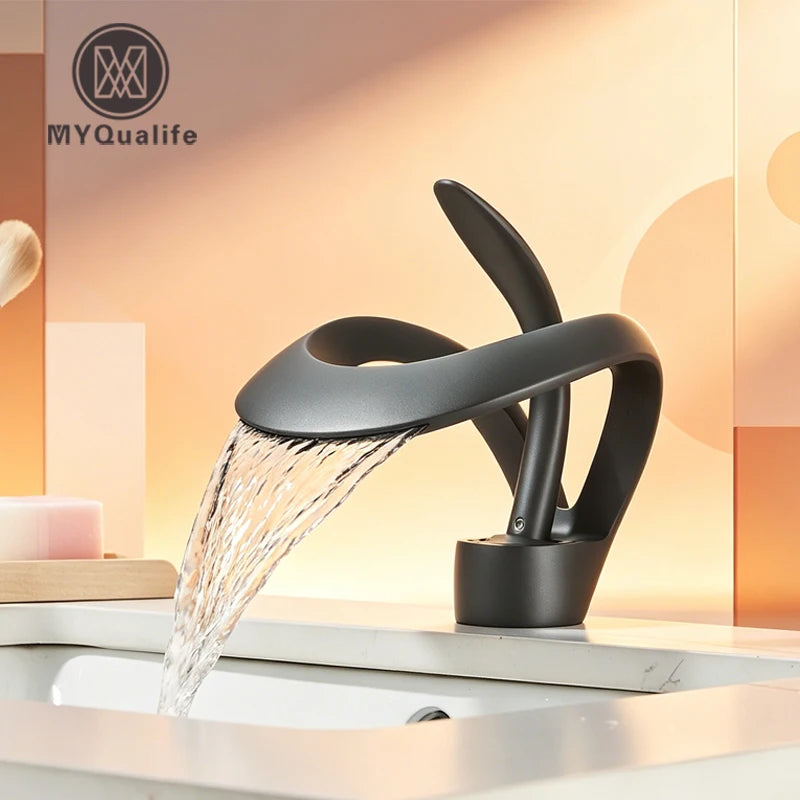 Modern Bathroom Sink Faucet Cold and hot water Unique Curved Waterfall Spout Single Handle Vanity Basin Mixer Tap Durable