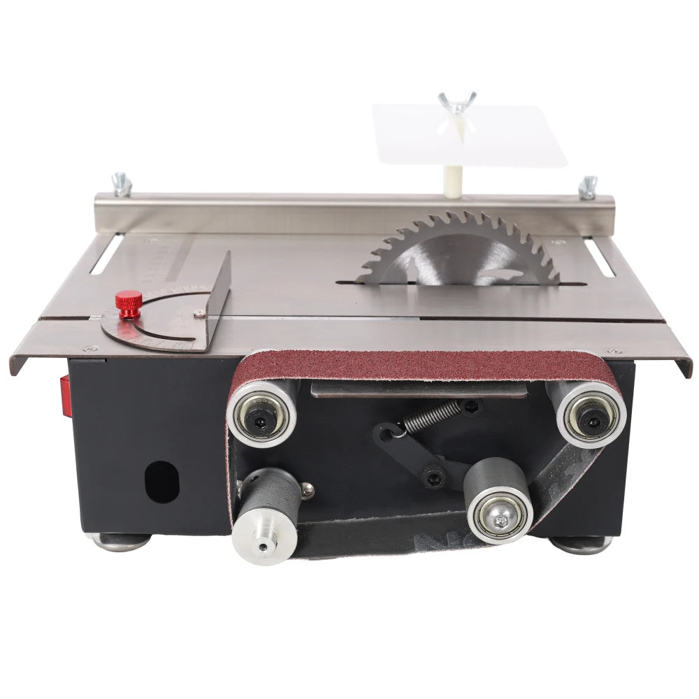 Mini Table Saw,Belt Sander, stainless steel top,4pcs Blades,10pcs Sanding Blet,7 Gear Adjustable 0-90° Angle, Available for Wood