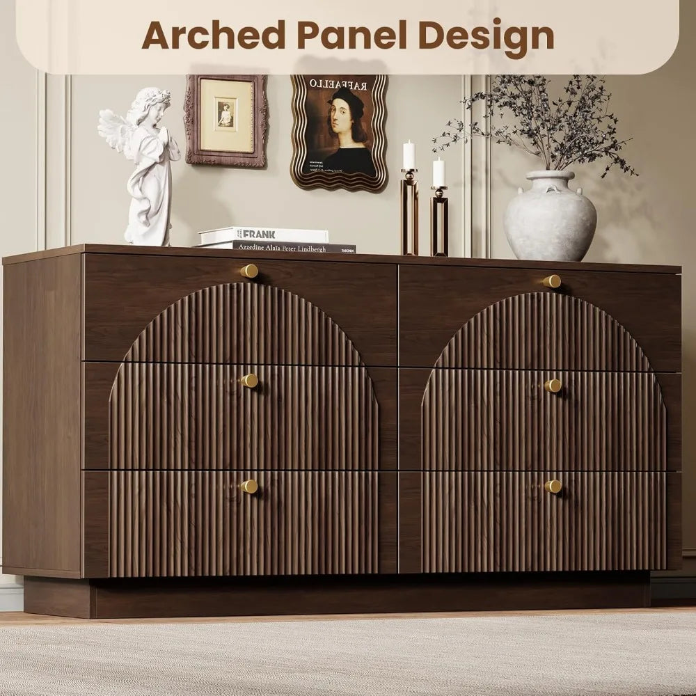 Arched Fluted 6 Drawer Dresser 55in Wood Storage Chest Mid Century Bedroom Living Room Hallway Custom