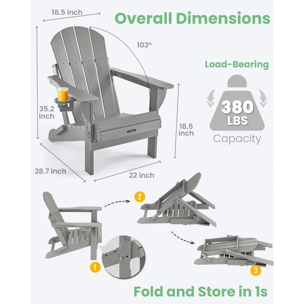 Ciokea Folding Adirondack Chair Wood Texture, Patio Chair Weather Resistant, Plastic Fire Pit Chair with Cup Holder, for Lawn