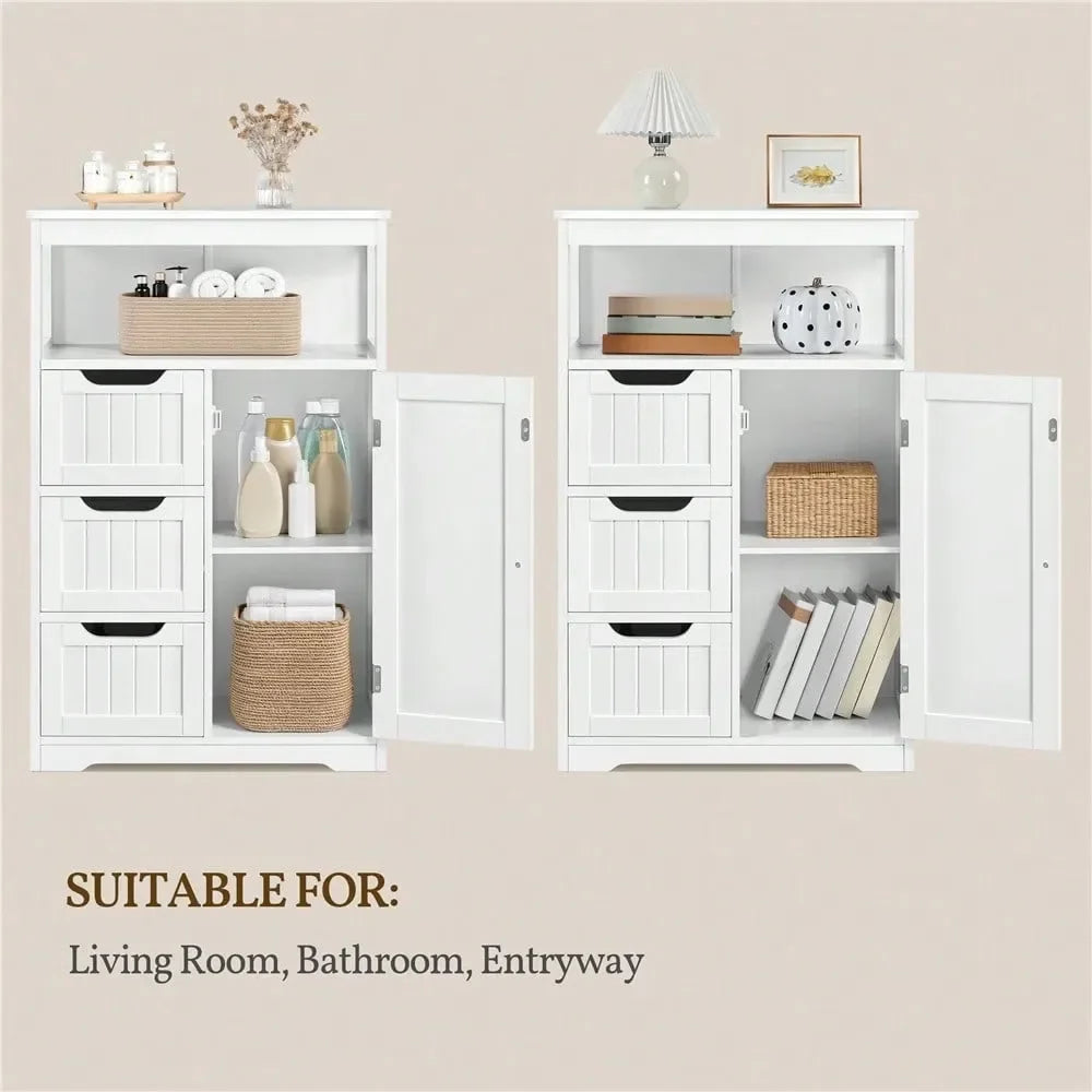 Modern Wooden Bathroom Floor Cabinet Wiht Adjustable Shelf, Multiple Tiers Storage Cabinet With Door 3 Drawers, For Kitchen, Li