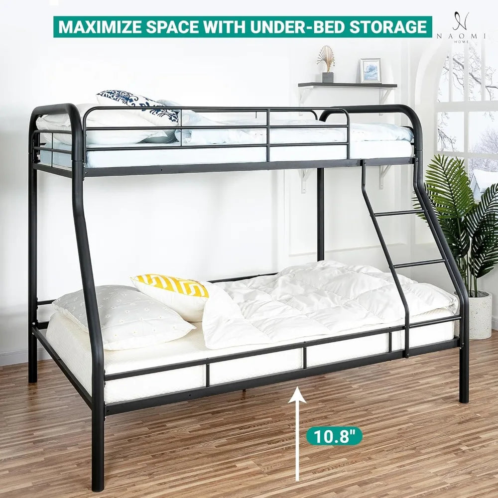 Twin Over Full Metal Bunk Bed with Safety Guardrails, 800 lbs Capacity, Angled Ladder, Underbed Storage, Black,, Customized