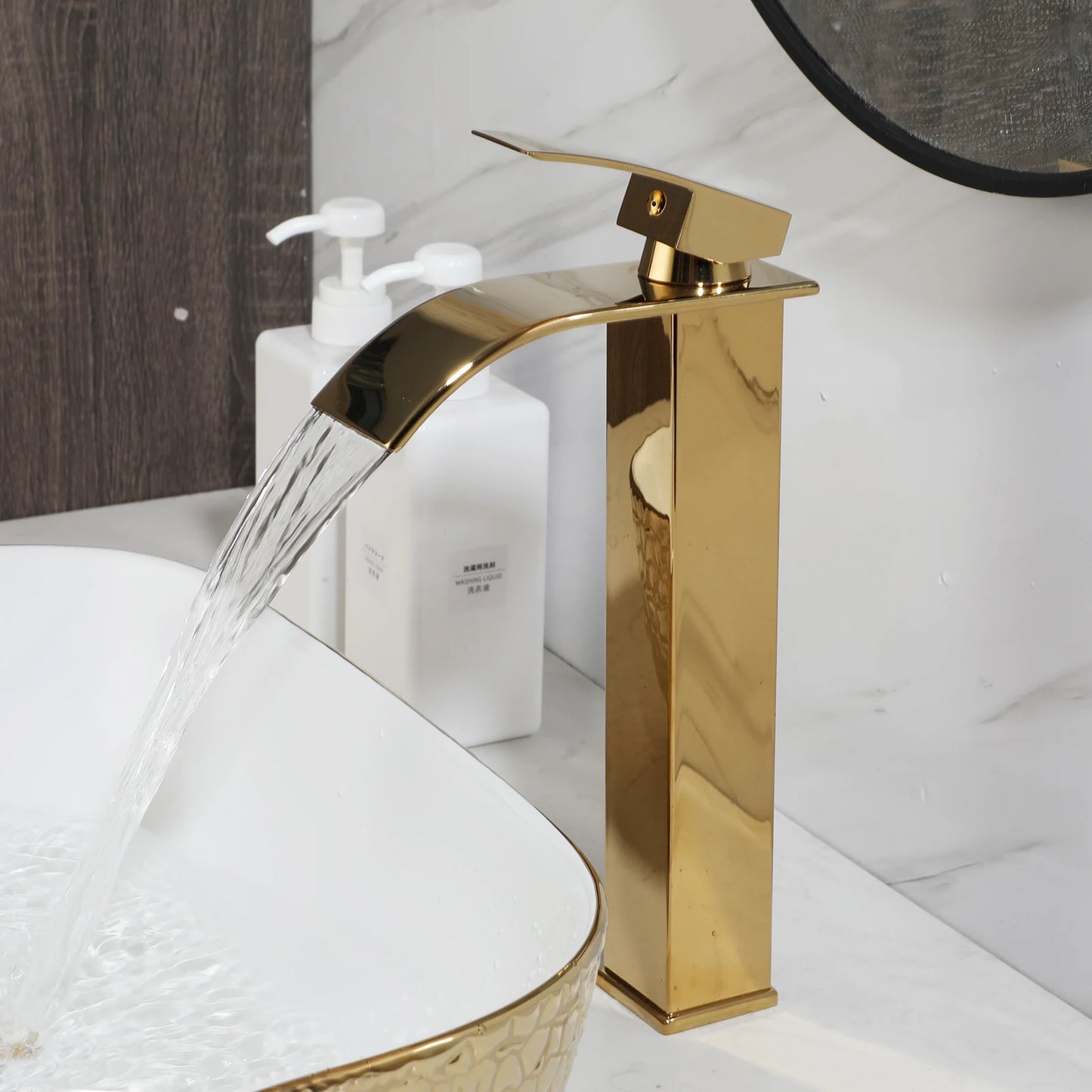 KEMAIDI Gold Hammered Bathroom Vessel Sink Set, Luxury White & Gold Basin with Gold Faucet Combo, Above-Counter Vanity Sink Kit