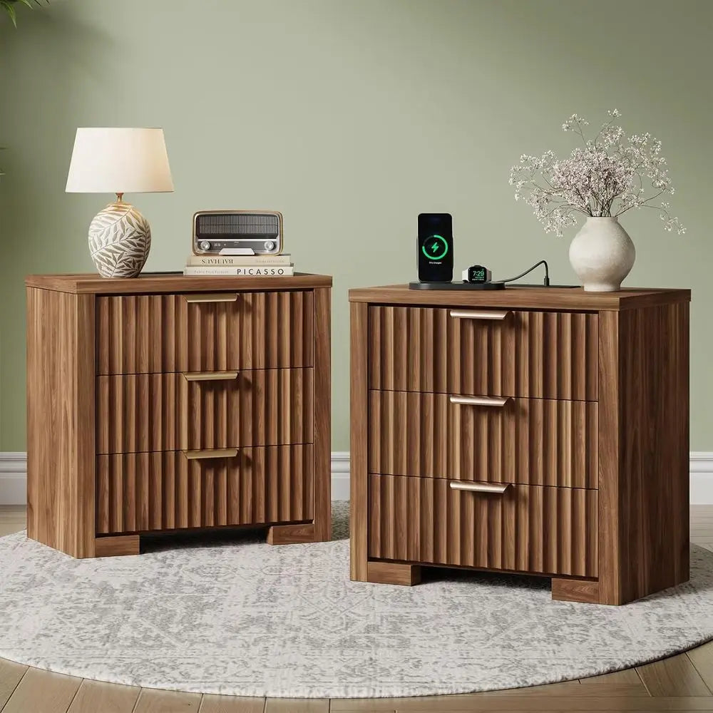 2-Piece Walnut Nightstand Set with Charging Station, 3 Drawers for Bedroom or Living Room