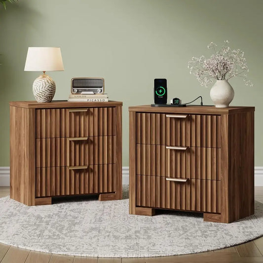 2-Piece Walnut Nightstand Set with Charging Station, 3 Drawers for Bedroom or Living Room