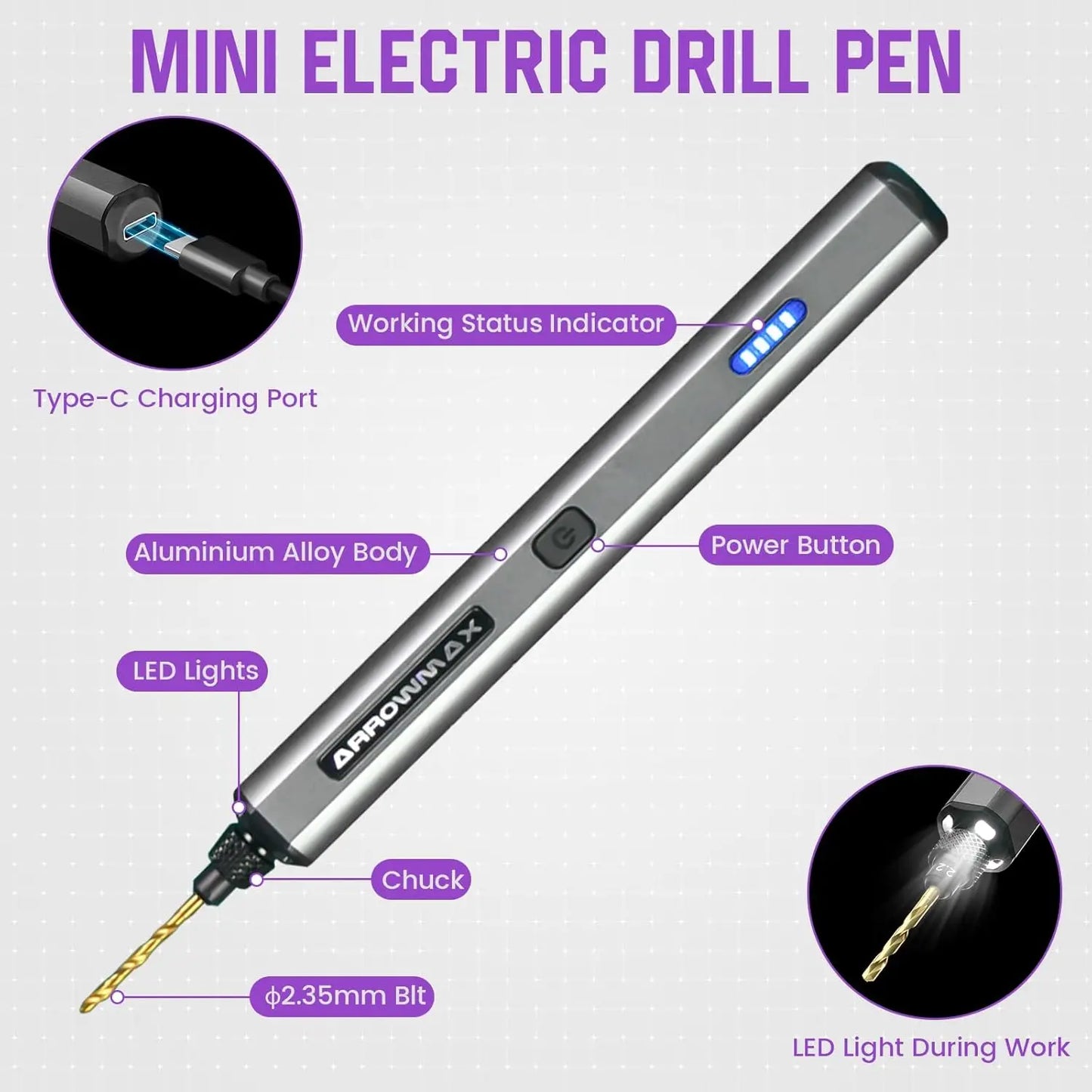 Mini Electric Drill Pen, 13-in-1 Rechargeable Kit with Aluminum Case, 800 RPM, 10 HSS Bits for DIY Wood Jewelry Making