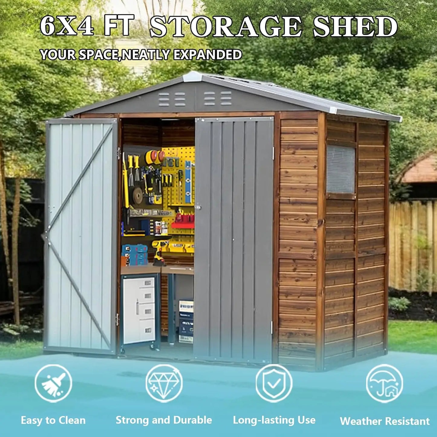 6x4 FT Outdoor Storage Shed with Windows Waterproof Wood & Metal Tool House for Patio Garden Backyard 4 Vents No Floor Custom